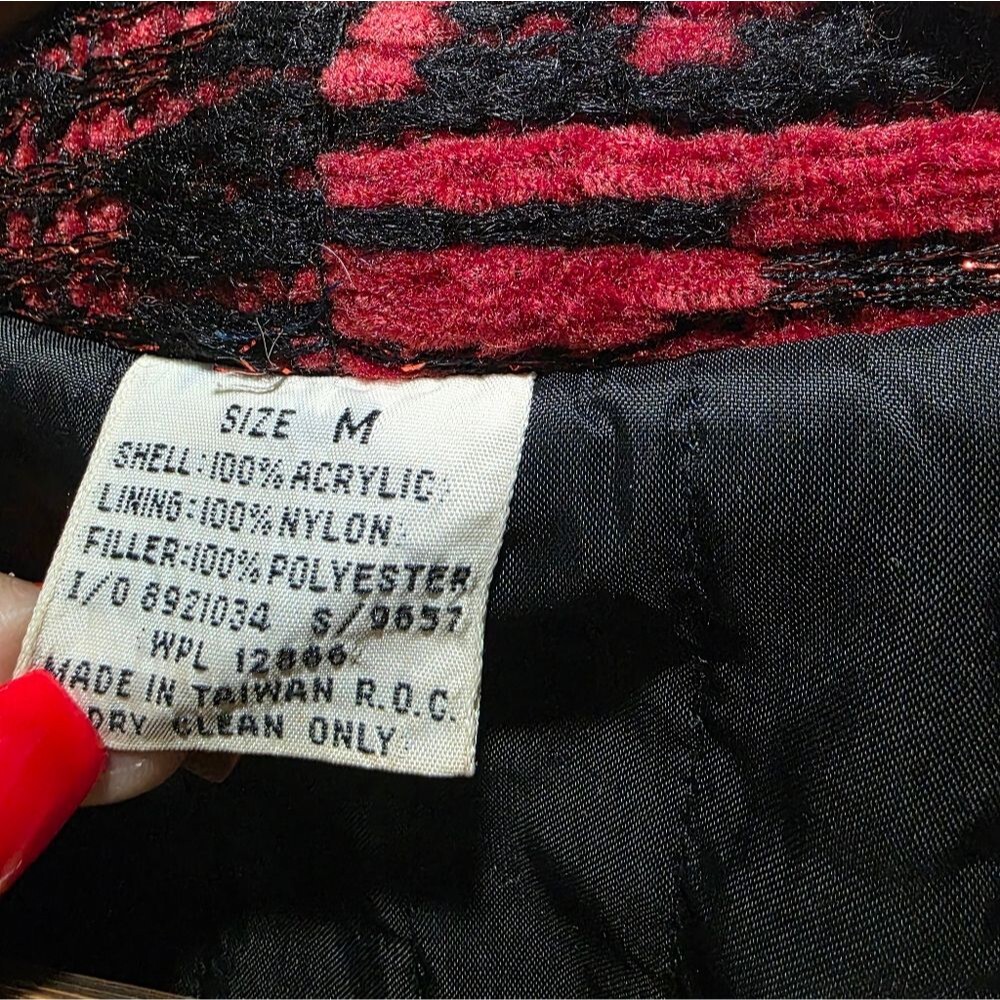 Vtg Red Black Gold Shimmer Coatigan Quilted Lined Cardigan Blazer Fur Collar - Picture 5 of 14
